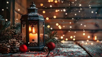 Stylish Christmas lantern with burning candle confetti