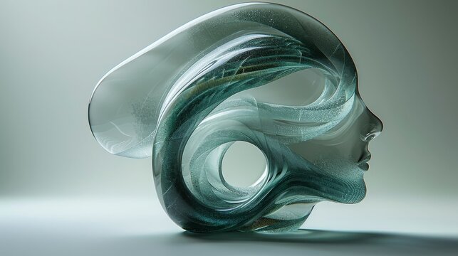 A surreal blend of human and Klein bottle, defying space. Dark green, mysterious, minimalist design with a neutral backdrop enhances curiosity.