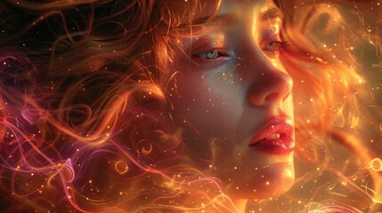 Fototapeta premium Elegant White Lady illuminated with cosmic hues, surrounded by celestial patterns in deep space, emanating a serene and ethereal aura.