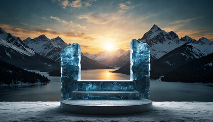 Ice podium background snow winter product platform sunset in the mountains