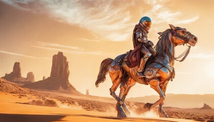 A science fiction scene depicting a futuristic knight in armor riding a mechanical horse across a sprawling desert landscape at sunset.. AI Generation