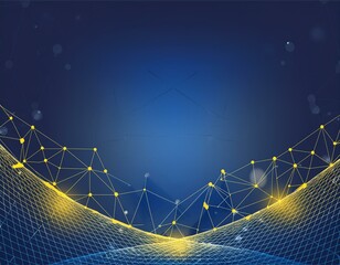 A dark blue background with blue and yellow lines geometric polygonal space low poly network nodes...