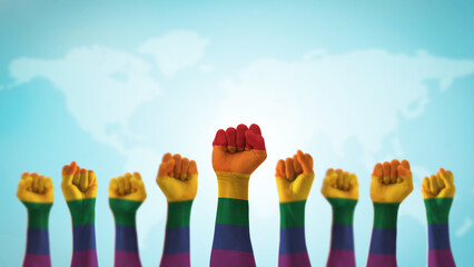 LGBT pride month with rainbow flag pattern on LGBTQ+, LGBTQIA, gay, lesbian people hands isolated...