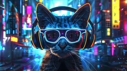 Neon Cat Immersed in Futuristic Cityscape Soundscape