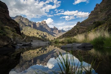 Fototapeta premium A dusk journey through Camazotz range, depicted in hyper-realistic detail with a hint of grunge and blurred textures.
