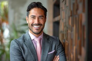 Obraz premium Confident Latino business leader stands in vibrant office, exuding assurance and professionalism.