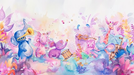 , lime, and teal animals dance and play instruments in a whimsical jungle parade.