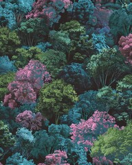 Lush forest with vibrant pink and blue hues, creating a tranquil and harmonious scene.