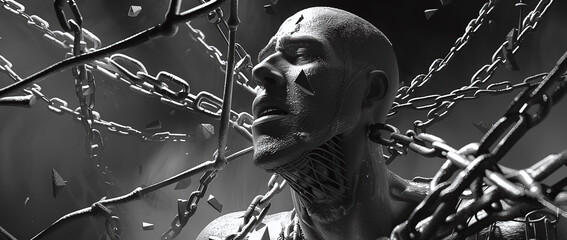 Visualize a captive man ensnared within chains and constraints, depicted in conceptual monochrome digital art, evoking a profound sense of confinement and restraint.