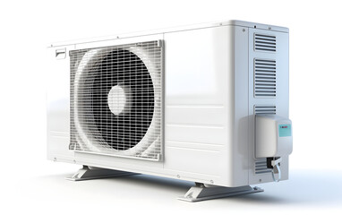 External air conditioner unit with compressor on a white background. Split air conditioning system, air compressor.