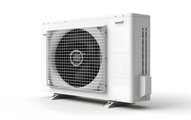 External air conditioner unit with compressor on a white background. Split air conditioning system, air compressor.