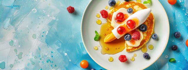 Obraz premium Pancakes with honey and berries in the form of a rocket. Selective focus