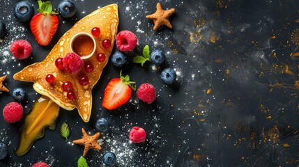 Pancakes with honey and berries in the form of a rocket. Selective focus