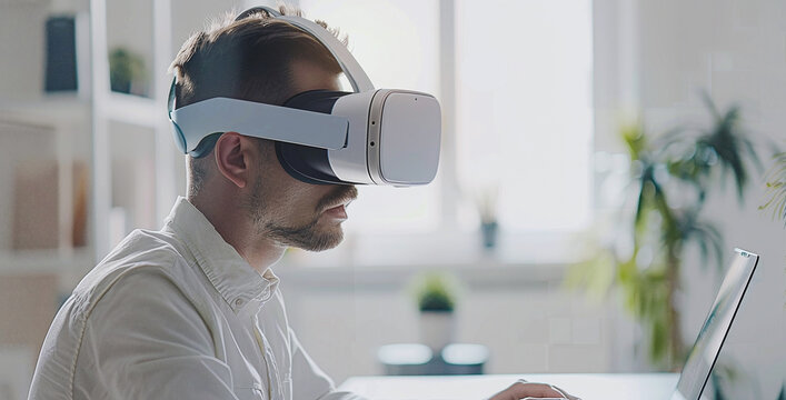 person wearing Vision VR goggles while working in the office on a laptop, the VR interface projected in their vision as they type on the keyboard