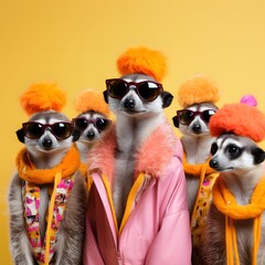 A group of meerkats wearing sunglasses and hoodies. Generative AI.