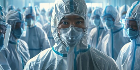 a male doctor dressed in protective suits and around him are medical staff in clean suits, all wearing masks and gowns.