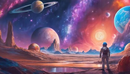 An astronaut stands on an alien world, gazing at a vivid cosmic landscape with multiple celestial bodies.. AI Generation
