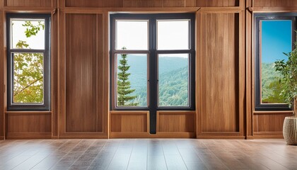 empty room with dark wood paneling and window, Luxury wood paneling background or texture. highly crafted classic