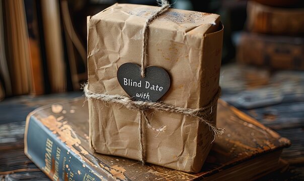 A paperback book wrapped in brown paper with a heart-shaped seal and the words "Blind Date with a Book" written on it