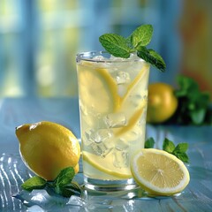 A refreshing glass of iced lemonade with mint leaves, set against a summery background, evoking relaxation and refreshment.