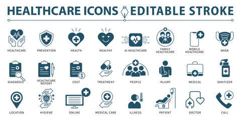 Healthcare icon set. Containing medical, health, diagnosis, report, treatment, prevention, injury, illness and more.  Editable stroke. Vector illustration.