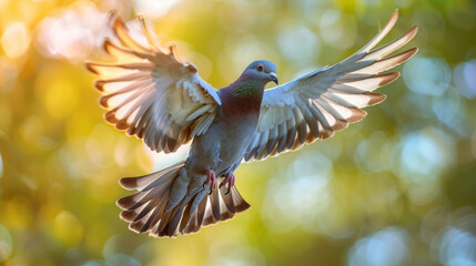 A pigeon spreads its wings in full flight against a backdrop of sunlit autumn trees, showcasing natural grace.