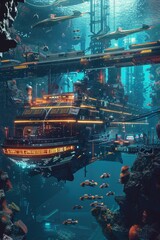 A futuristic cargo shipwreck with robotic fish and digital screens, in a hightech and neonlit underwater scene, Scifi, Neon colors, 3D rendering, Technological and detailed