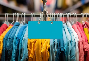 Assorted colorful shirts on hangers against a blurry background with a blank sale tag.