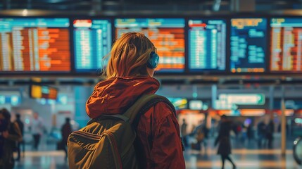 Obraz premium Lost Traveler at Airport: Confused Passenger Checking Flight Status Screens, Uncertain Journey Ahead