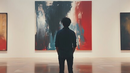 Contemplating the Abstract: Person Examining Modern Art Painting with Perplexity and Curiosity in...