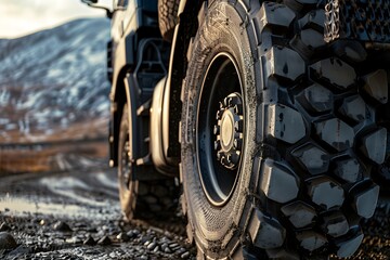 Close-up of Heavy-Duty Truck Tire Showing Rugged Tread for Heavy Loads and Durability