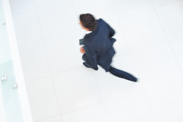 Office, work and floor with motion blur of businessman for legal, career and running late to job....