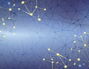 A dark blue background with blue and yellow lines geometric polygonal space low poly network nodes with connected dots and lines on dark blur blue tone background. Concept for digital technology