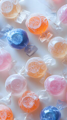 Gleaming Round Xylitol Candies Against a White Background: A Rainbow of Pastel Colors