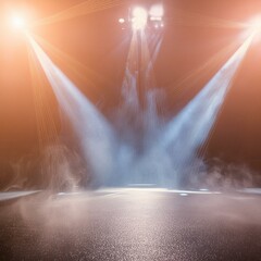 Fototapeta premium Free stage with lights and smoke, Empty stage with blue spotlights, conser, show, party, Presentation concept. dark navy blue spotlight strike on black background. banner