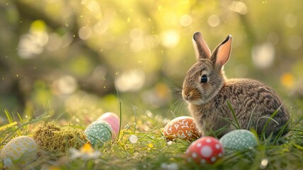 Bunny with Easter eggs, Easter card. selective focus. Generative AI,