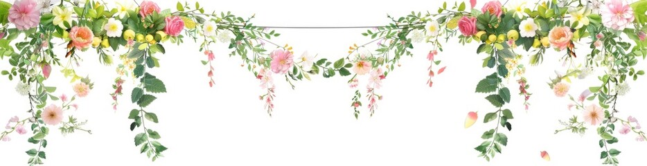 Whimsical Summer Flower Garlands. With Copy Space, Abstract Background