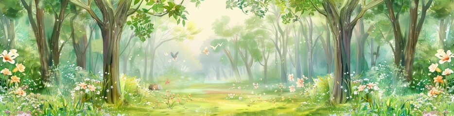 Obraz premium Whimsical Summer Forest Scene Pattern Background. With Copy Space, Abstract Background