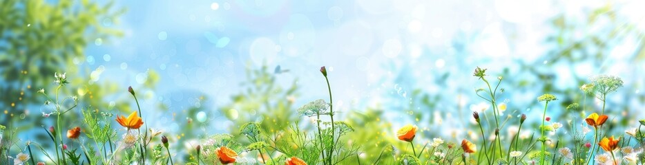 Whimsical Summer Meadow Scene Pattern Background. With Copy Space, Abstract Background