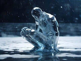 A male humanoid figure made out of glass sitting on its knees,digital art masterpiece intense winter storm atmosphere  Generative AI