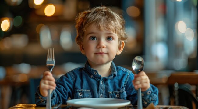 Boy sitting at the table with a fork and spoon
