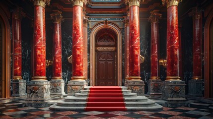 A red carpet leads to a grand entrance of a building with marble pillars