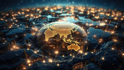 Fototapeta premium Global digital network concept with glowing connections around the globe, emphasizing international communication and technology.