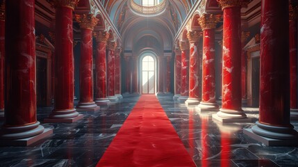A red carpet leads to a grand hall with red pillars