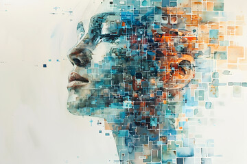 AI-Inspired Watercolor Painting of a Female Face with Geometric Patterns