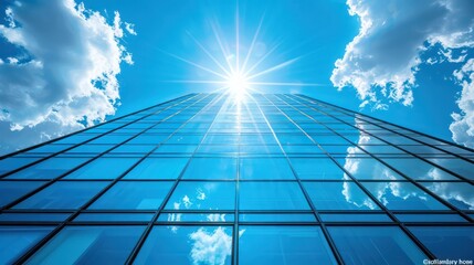 A tall building with a bright sun shining through the windows