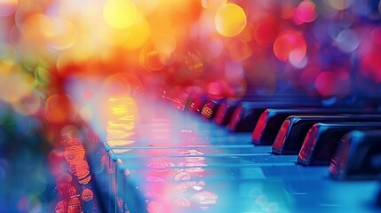 Piano keyboard with colorful blurred lights in background