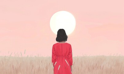 girl in red stands on the grass, looking at her back with an empty pink sky and white sun above it