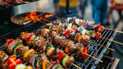 Close-up of skewers with grilled meat and vegetables on a barbecue grill with flames in the background.