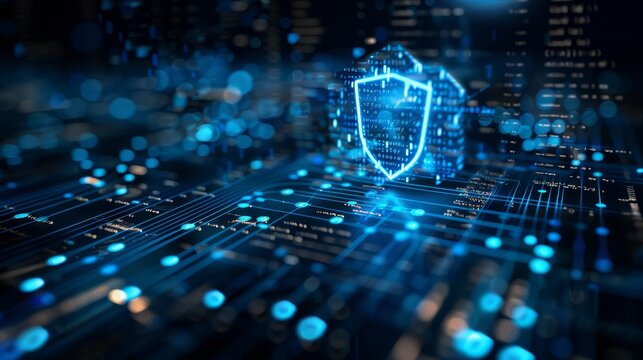 Conceptual artwork of Smart law: a digital shield protecting legal documents, representing cybersecurity in law practices.